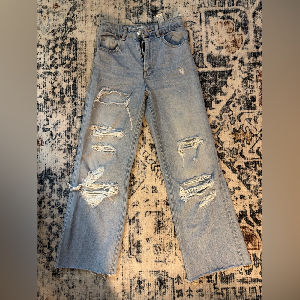 Zara Light Blue Distressed Straight-Leg Jeans